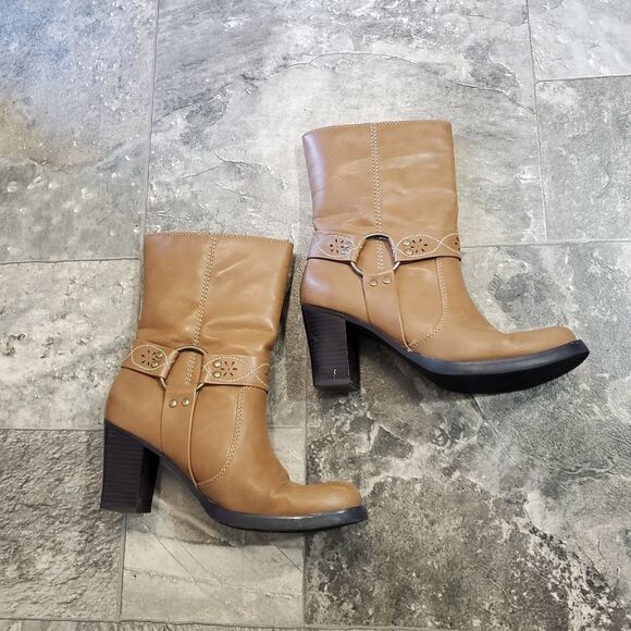 Vintage 90s y2k Bratz Camel Tan Faux Vegan Leather Chunky Heel Square Toe Boots - Picture 3 of 9